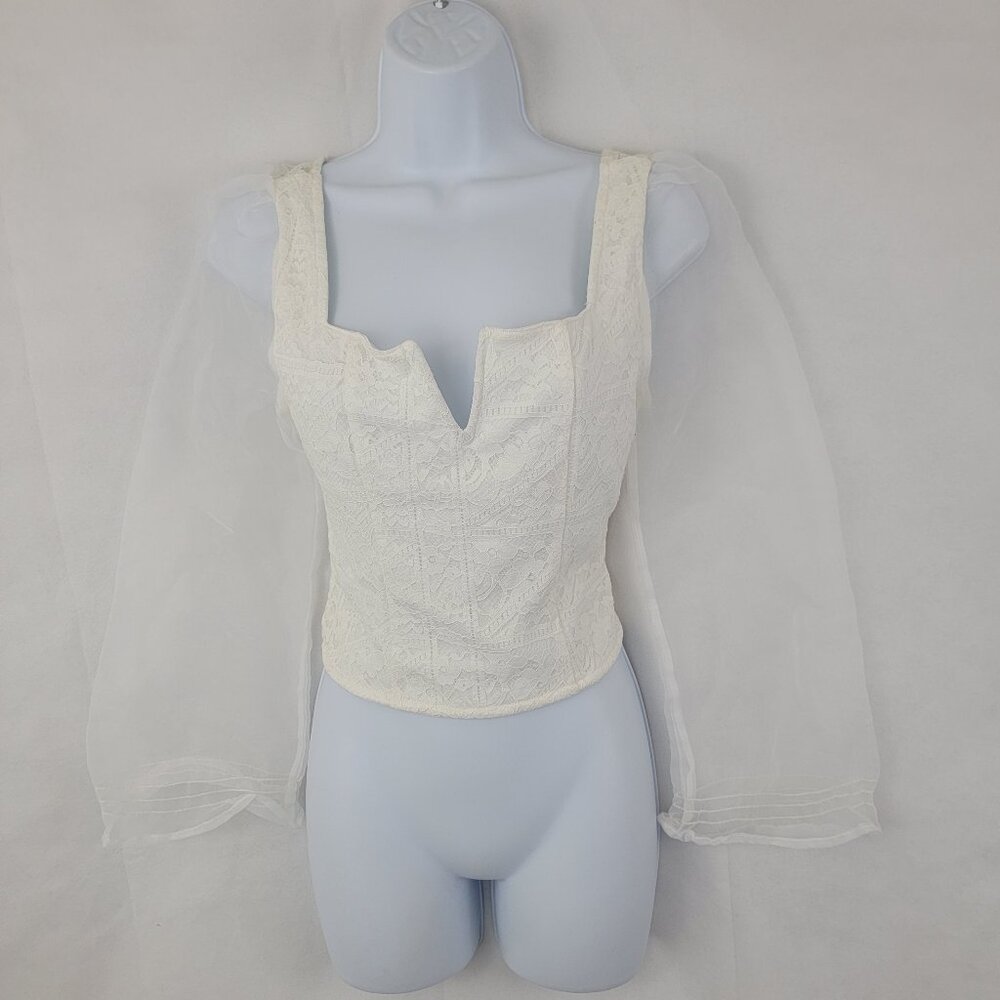 PAPERMOON Womens MEDIUM Corset Style Crop Top WHITE Long Sheer Sleeve Lace